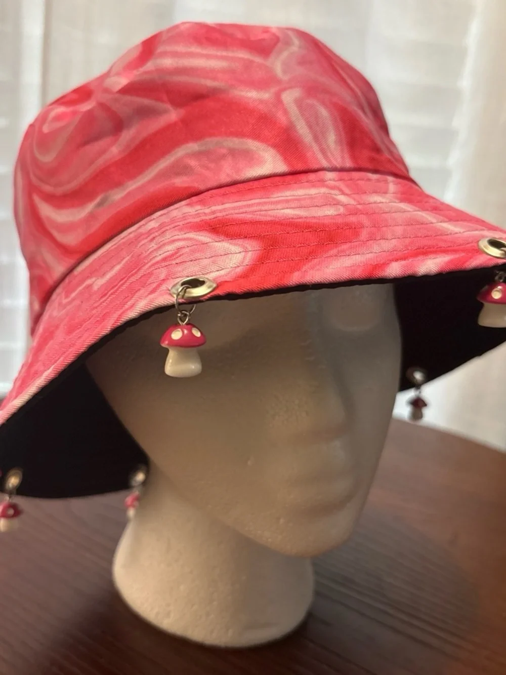 Pink Tie-Dye Bucket Hat with Mushroom Charms - Women Accessories